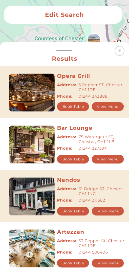 Where 2 Eat search results list